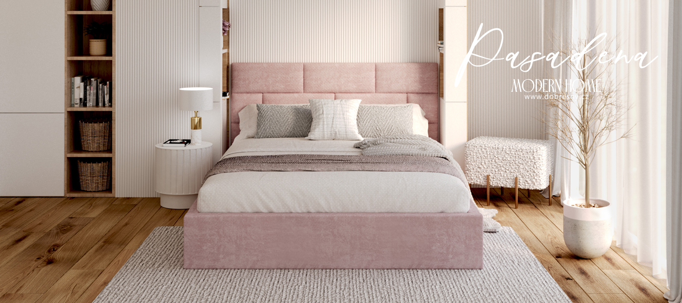 Luxusní postel PASADENA 90x200 s kovovým roštem RŮŽOVÁ