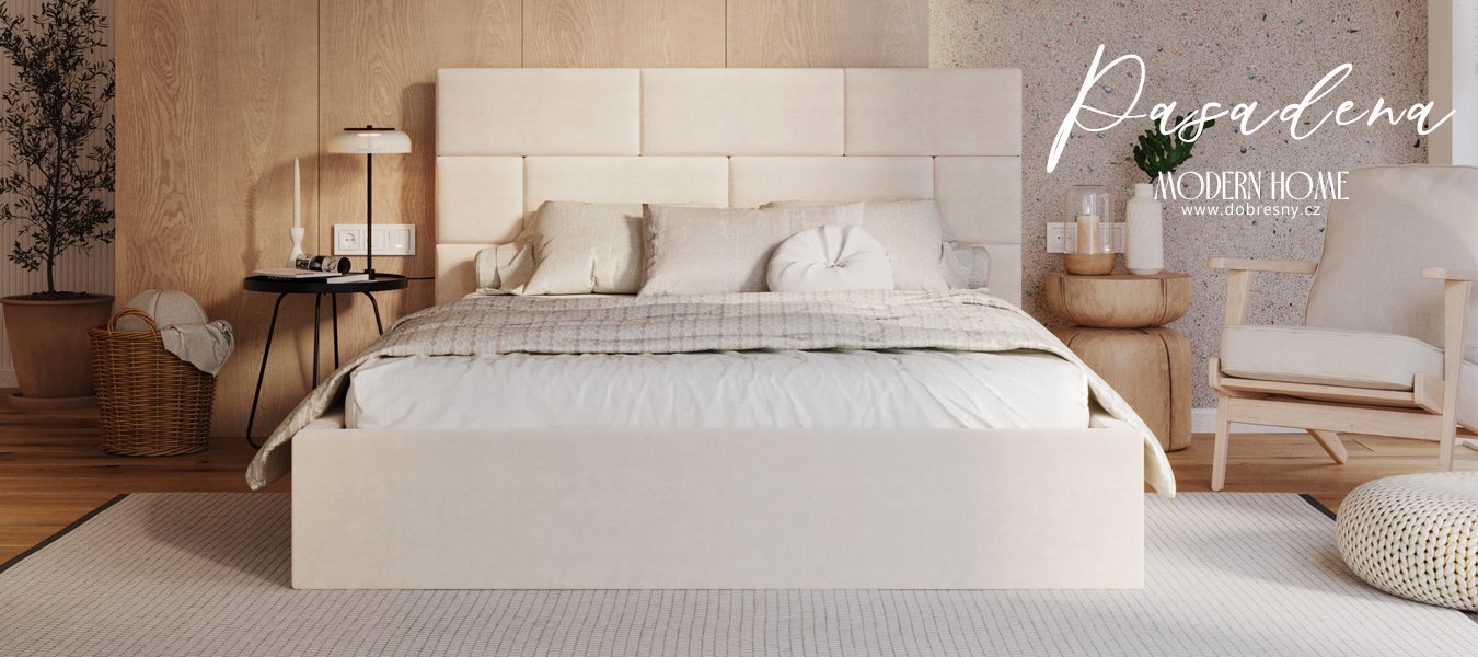 Luxusní postel PASADENA 90x200 s kovovým roštem KRÉMOVÁ