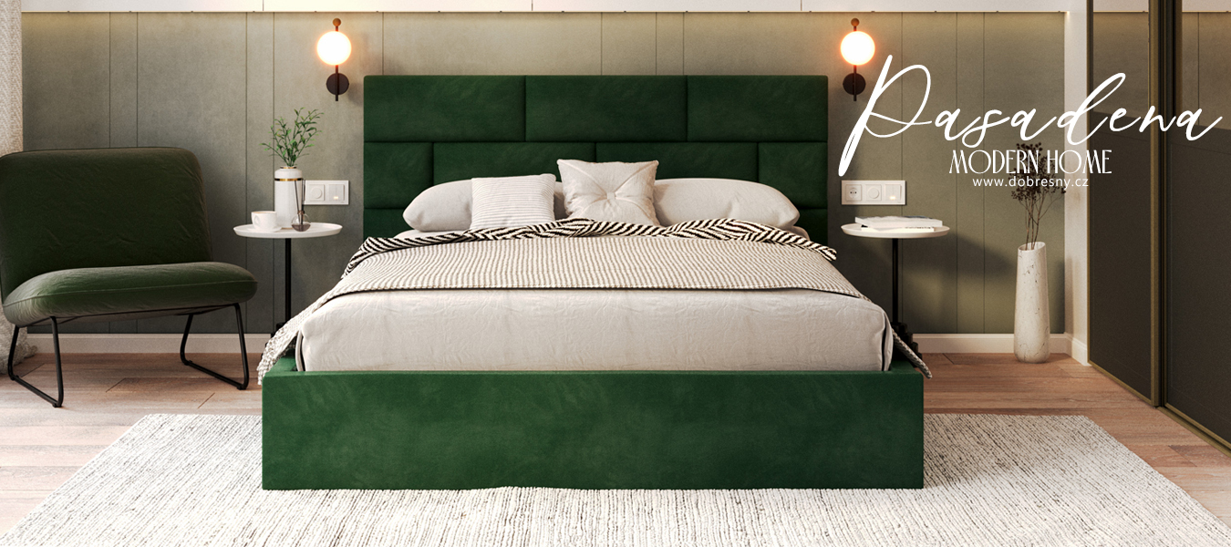 Luxusní postel PASADENA 90x200 s kovovým roštem ZELENÁ