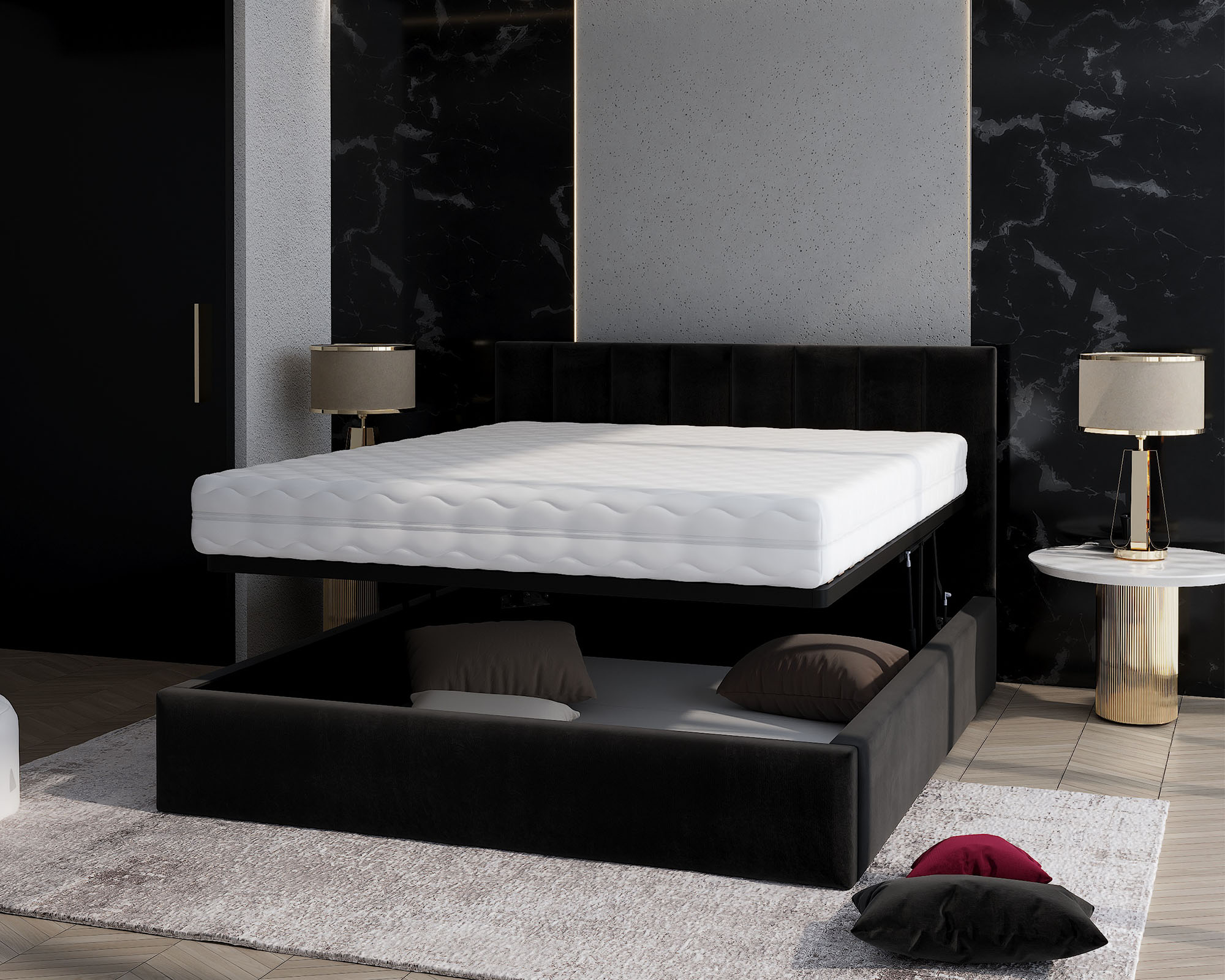 Čalouněná postel JUSTIN 180x200 Černá Trinity s úložným prostorem kovový rošt