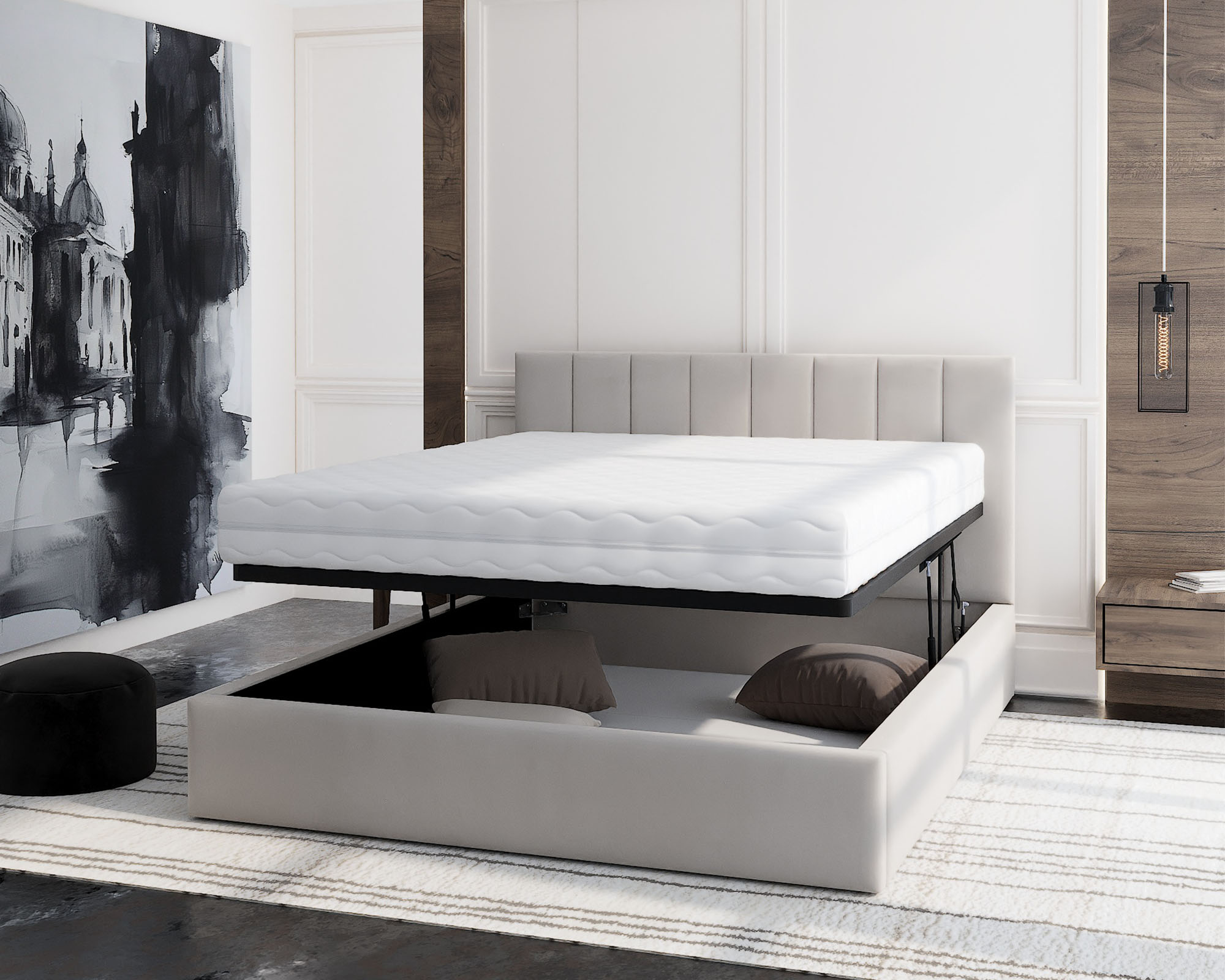 Čalouněná postel JUSTIN 180x200 Krémová Trinity s úložným prostorem kovový rošt