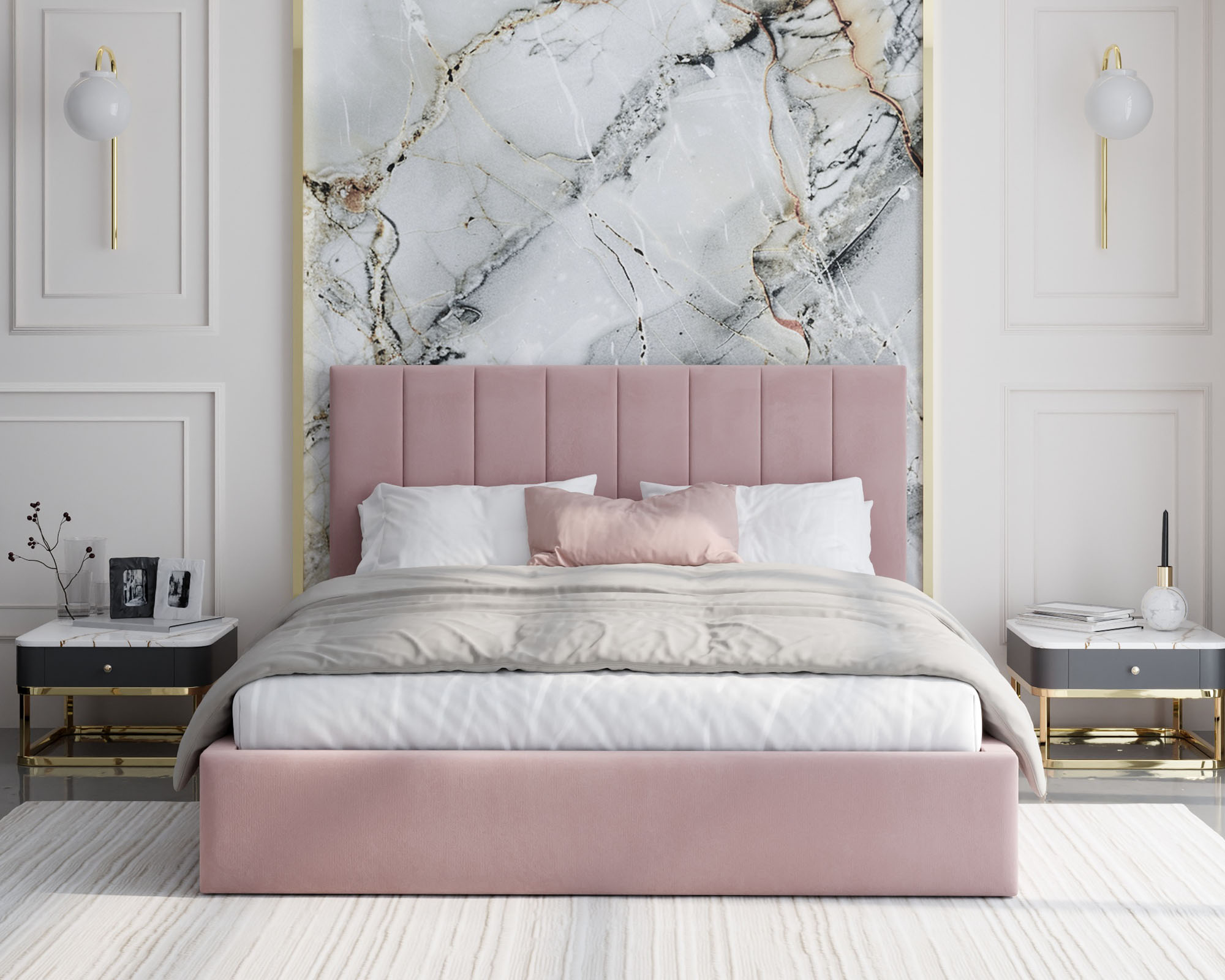 Čalouněná postel JUSTIN 140x200 Růžová Trinity s úložným prostorem kovový rošt