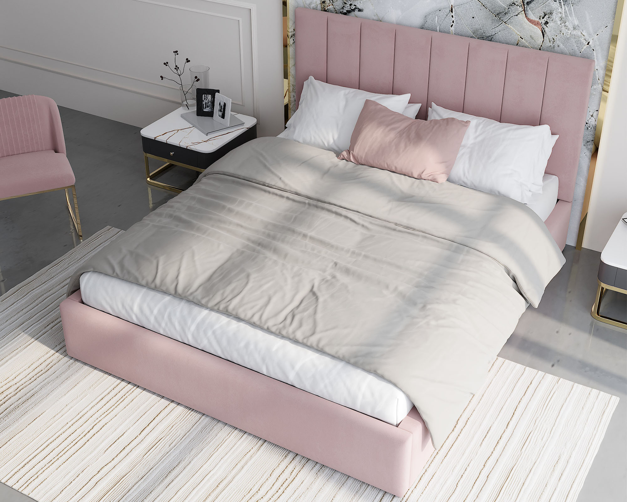 Čalouněná postel JUSTIN 160x200 Růžová Trinity s úložným prostorem kovový rošt