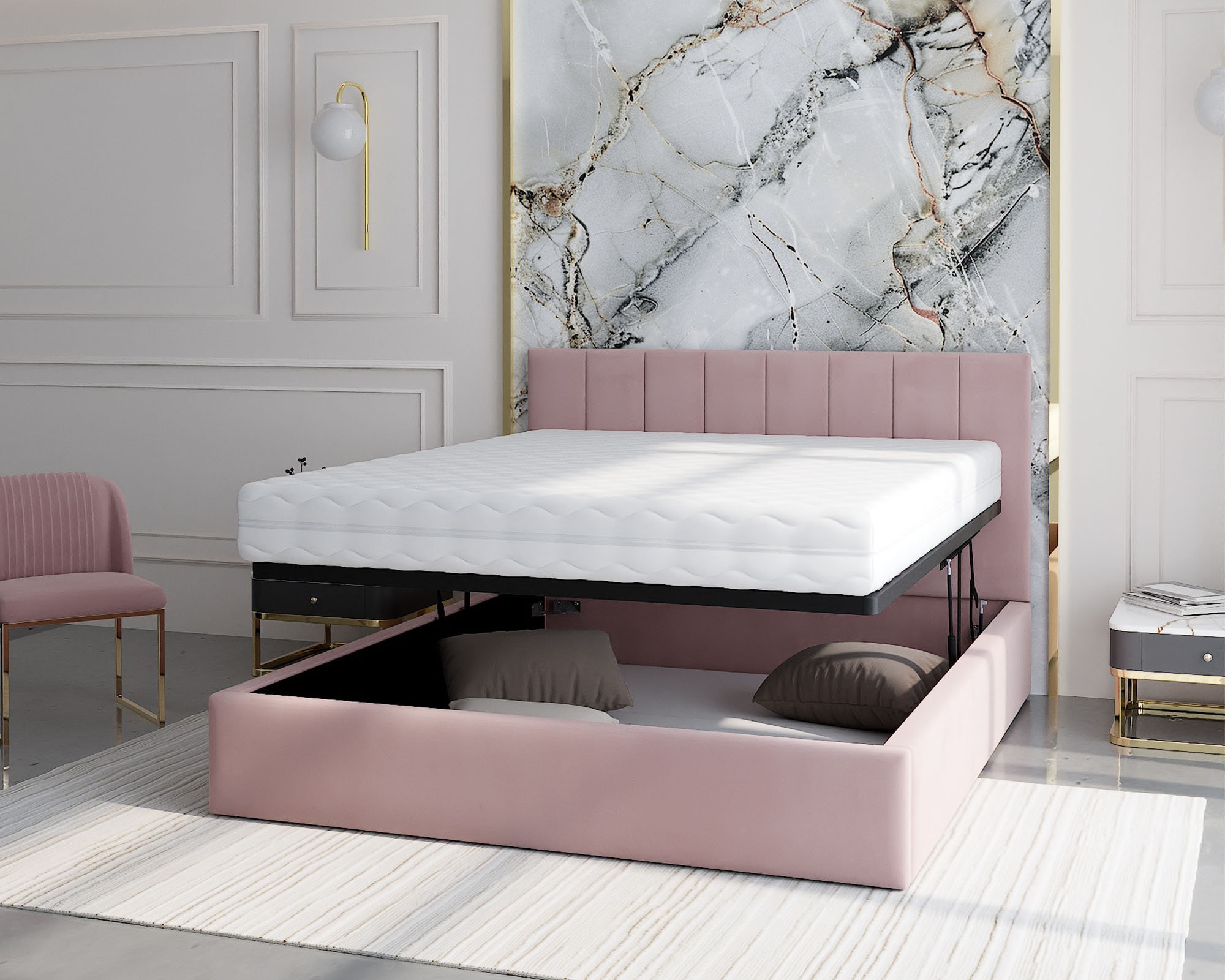 Čalouněná postel JUSTIN 160x200 Růžová Trinity s úložným prostorem kovový rošt