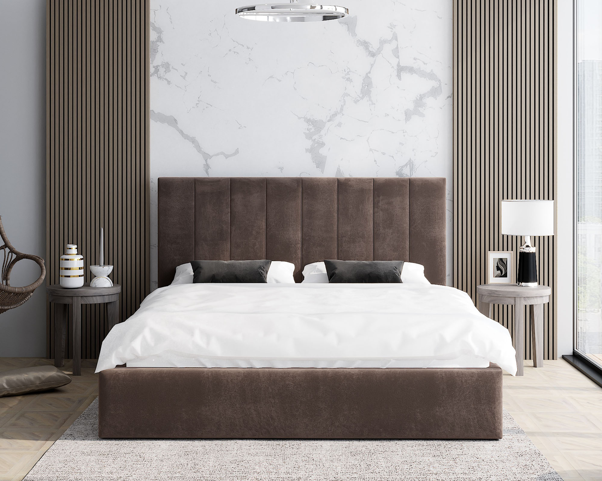 Čalouněná postel JUSTIN 140x200 Hnědá Trinity s úložným prostorem kovový rošt