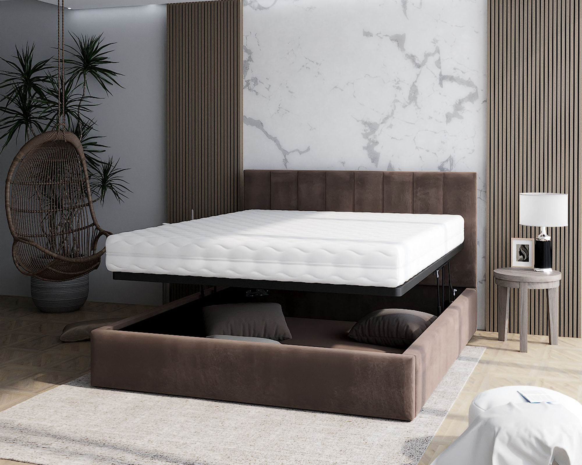 Čalouněná postel JUSTIN 140x200 Hnědá Trinity s úložným prostorem kovový rošt