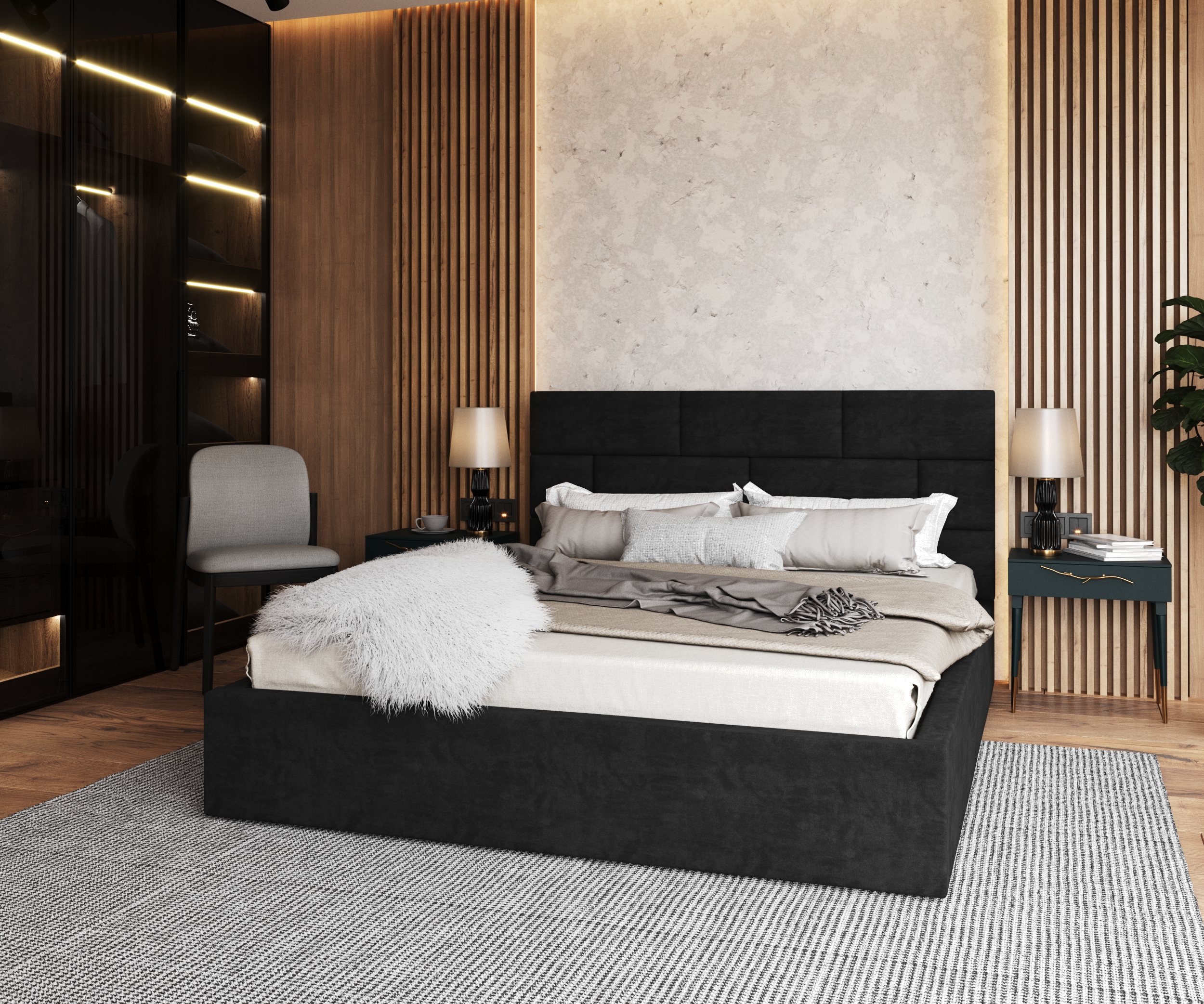 Čalouněná postel PASADENA 90x200 s kovovým roštem ČERNÁ