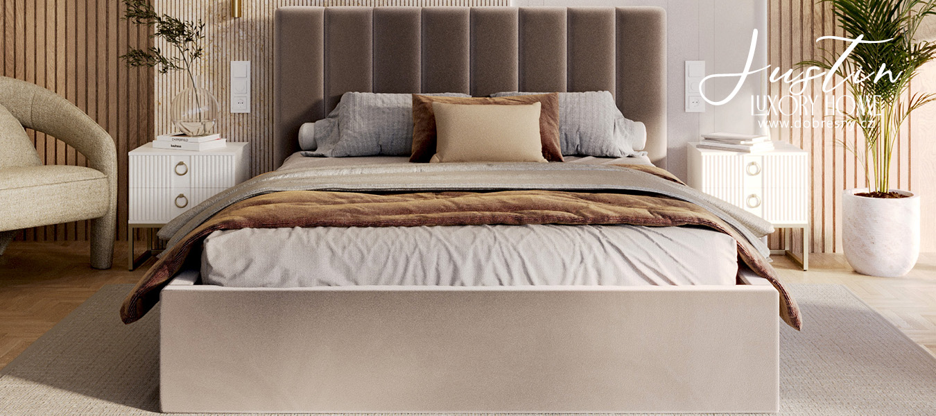 Čalouněná postel JUSTIN 90x200 Mousse Béžová Trinity s úložným prostorem kovový rošt