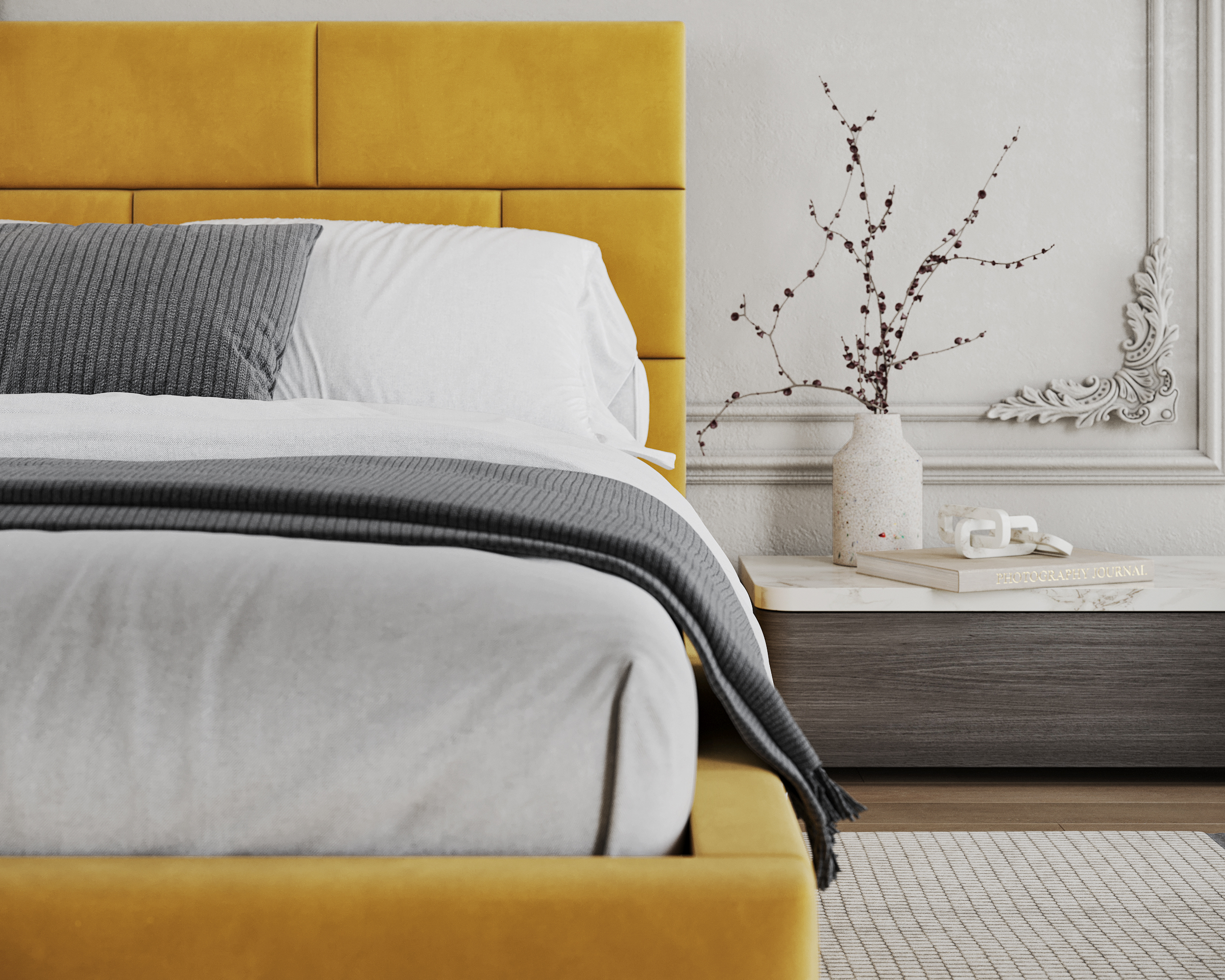 Čalouněná postel PASADENA PARIS 140x200 s kovovým roštem ŽLUTÁ