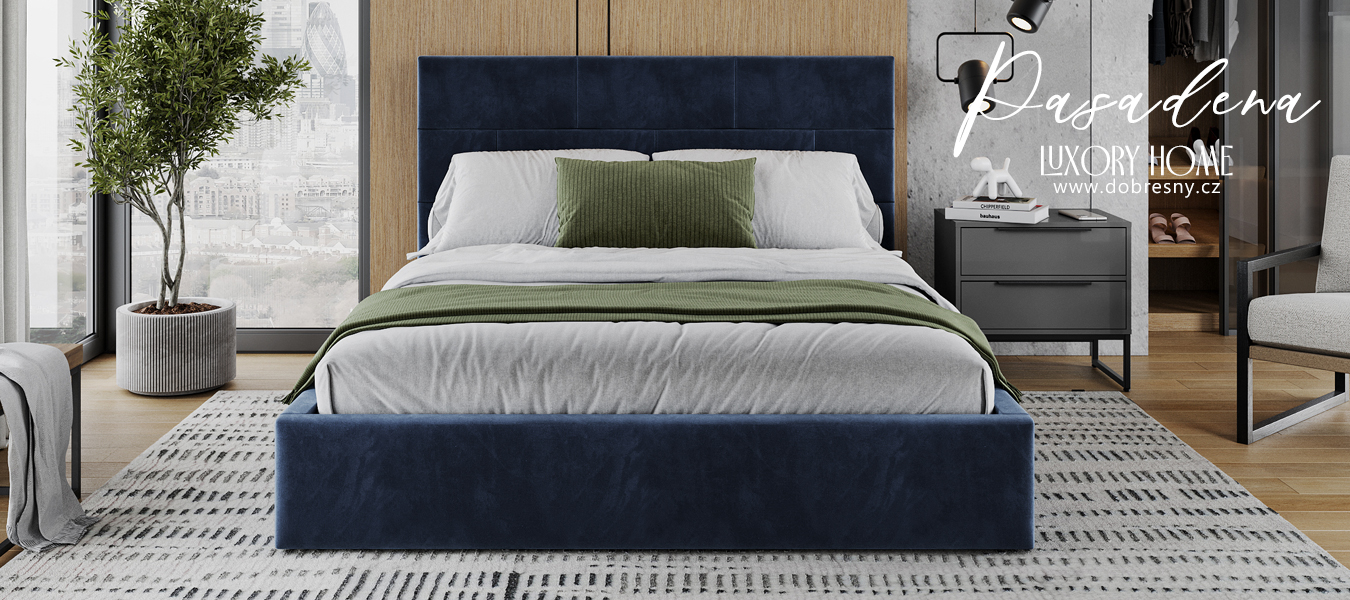 Čalouněná postel PASADENA PARIS 180x200 s kovovým roštem TMAVĚ MODRÁ