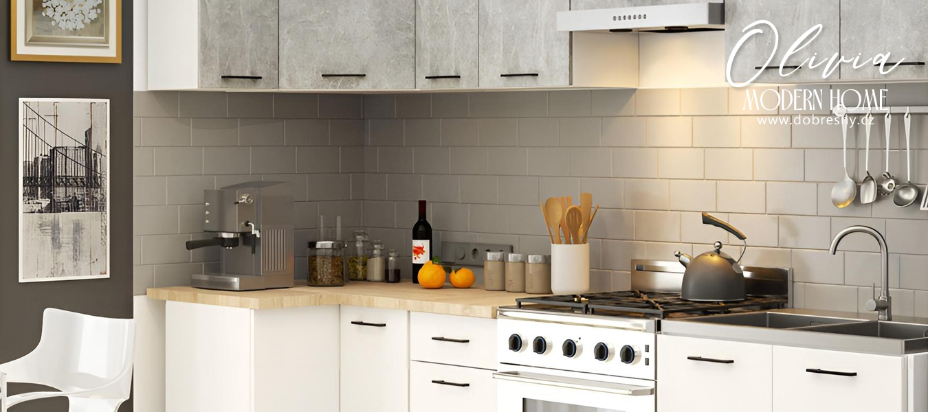 Kuchyňská rohová sestava OLIVIA – 3 m | Beton / Bílá / Dub Sonoma
