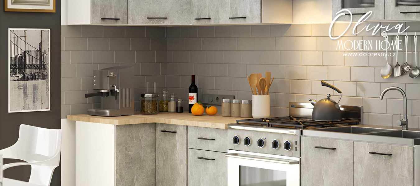 Kuchyňská rohová sestava s vitrínou OLIVIA – 3 m | Beton / Dub Sonoma