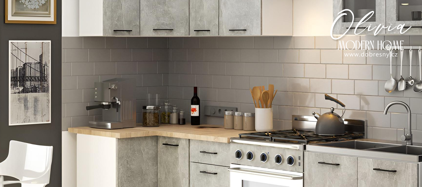 Kuchyňská rohová sestava s vitrínou OLIVIA – 3 m | Beton / Dub Sonoma H720