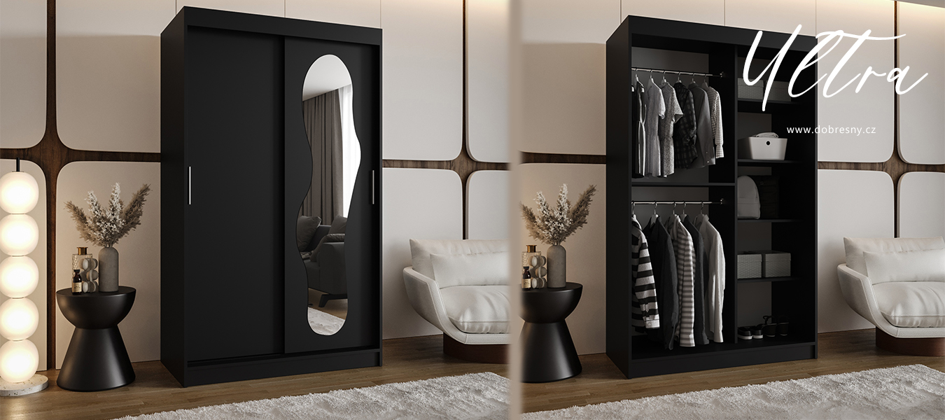 Šatní skřín s posuvnými dveřmi a zrcadlem ULTRA 120cm černá
