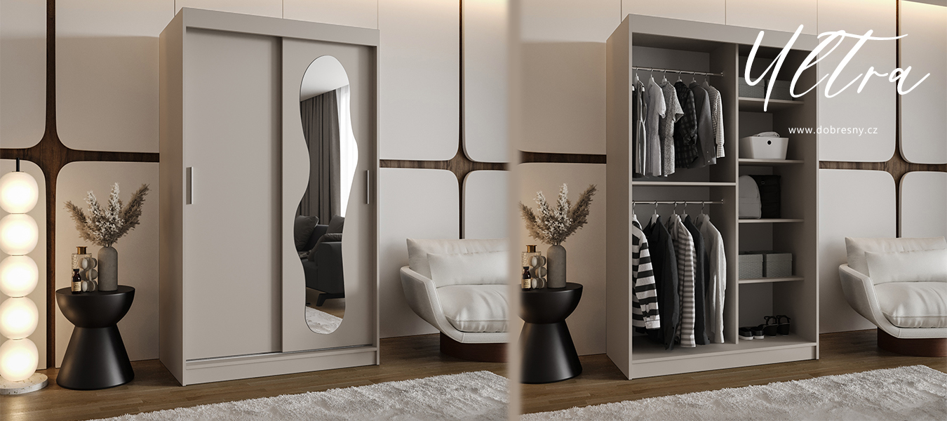 Šatní skřín s posuvnými dveřmi a zrcadlem ULTRA 120cm kašmírová