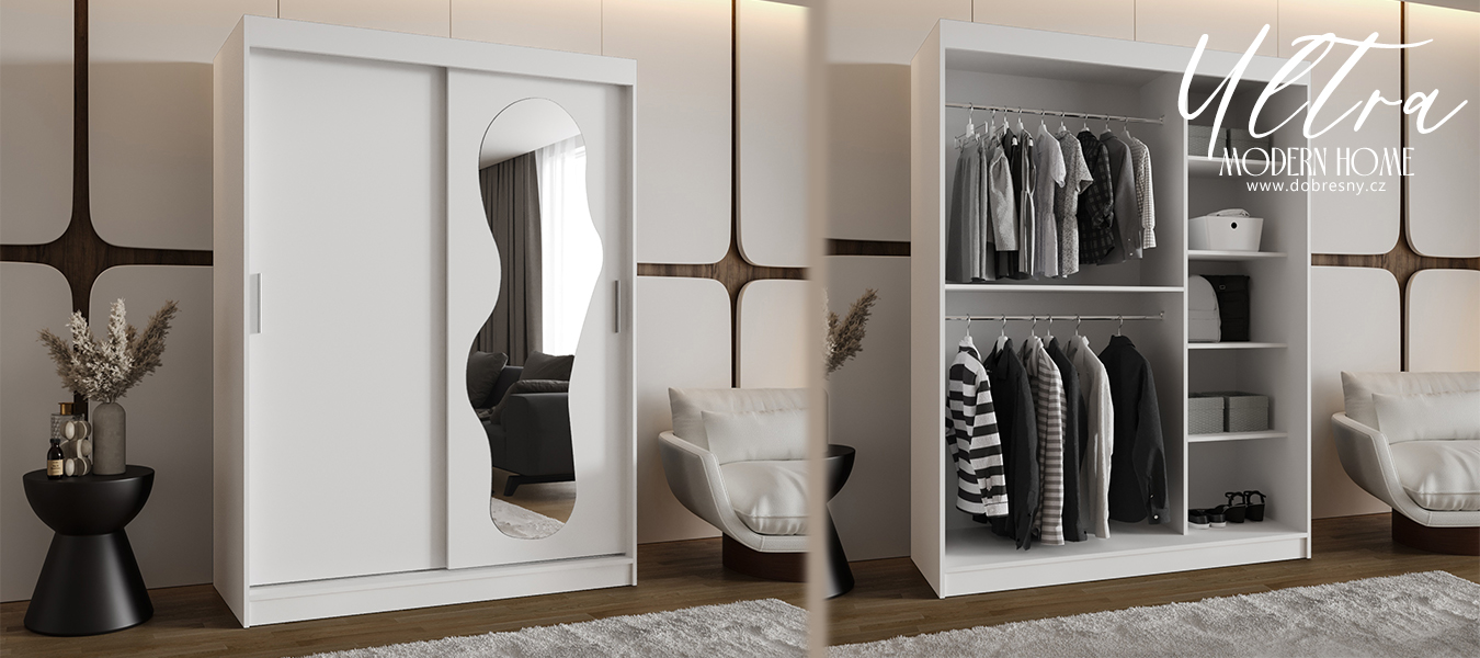 Šatní skřín s posuvnými dveřmi a zrcadlem ULTRA 150cm bílá