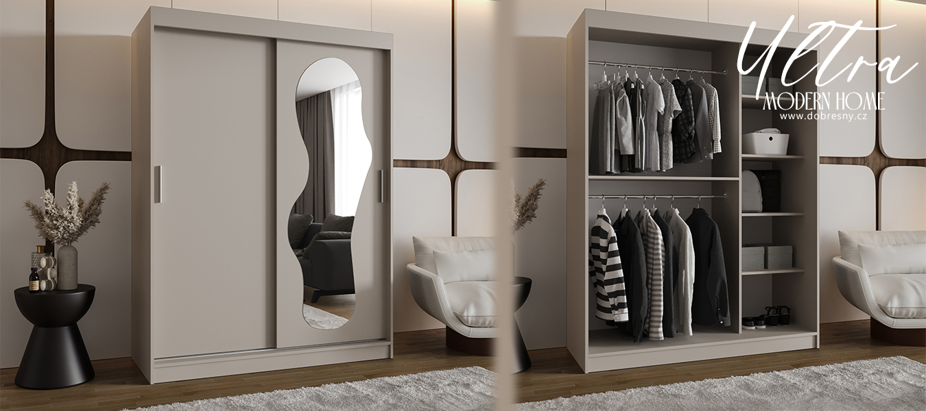 Šatní skřín s posuvnými dveřmi a zrcadlem ULTRA 150cm kašmírová