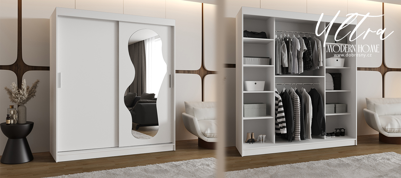 Šatní skřín s posuvnými dveřmi a zrcadlem ULTRA 180cm bílá