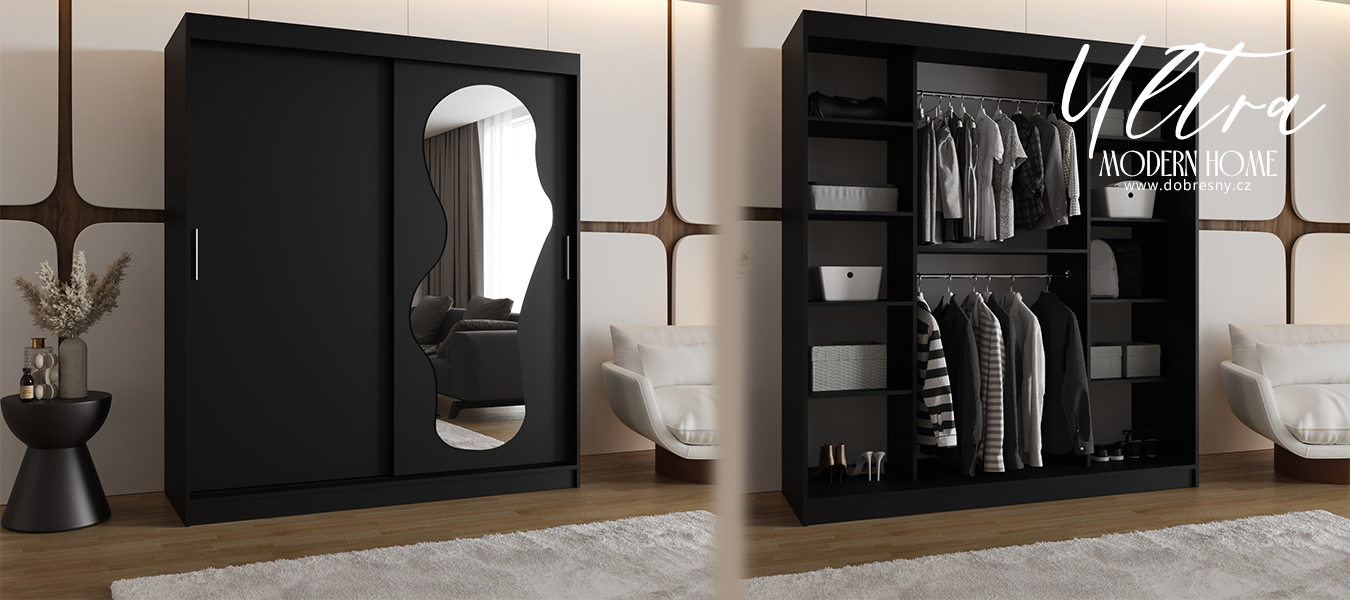 Šatní skřín s posuvnými dveřmi a zrcadlem ULTRA 180cm černá
