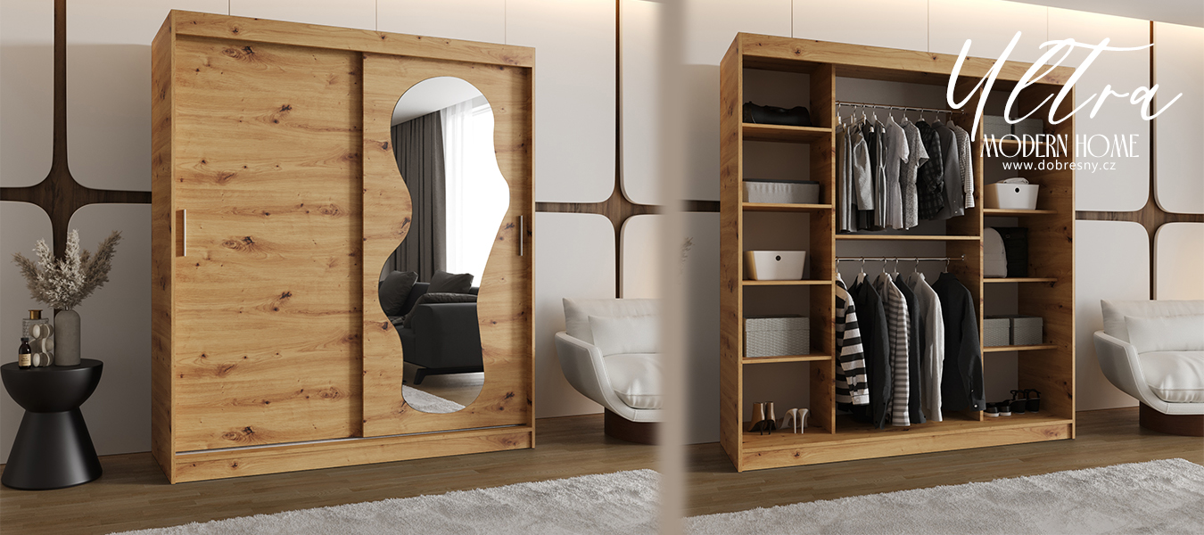Šatní skřín s posuvnými dveřmi a zrcadlem ULTRA 180cm artisan