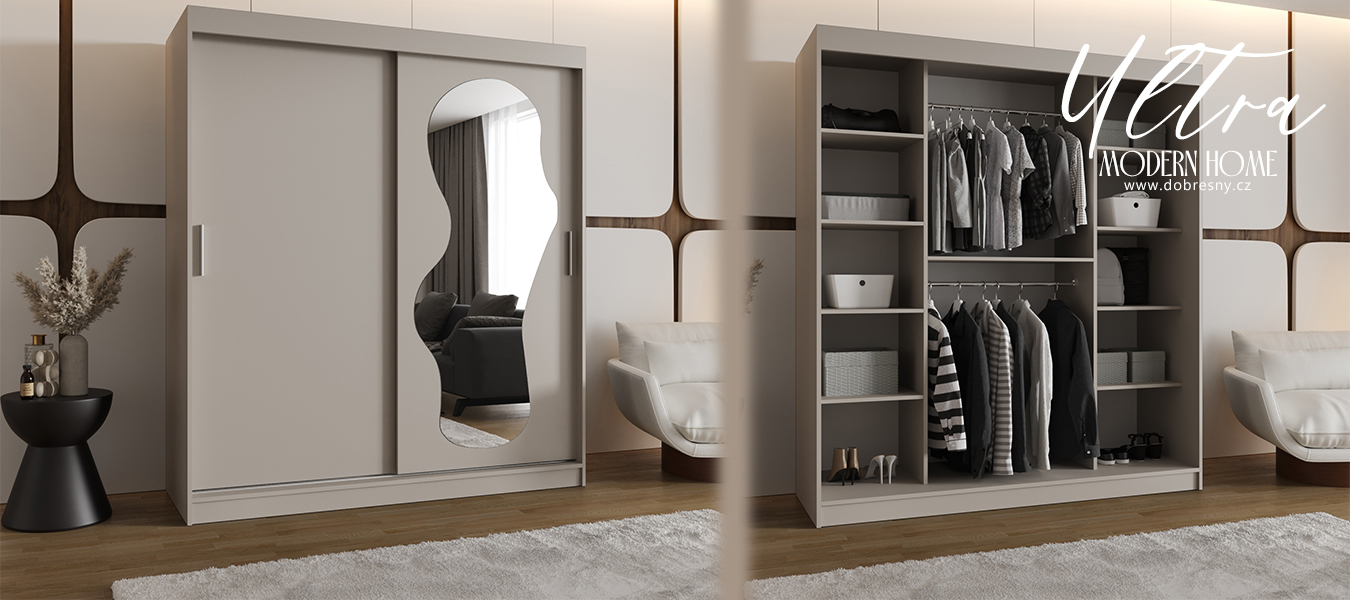 Šatní skřín s posuvnými dveřmi a zrcadlem ULTRA 180cm kašmír