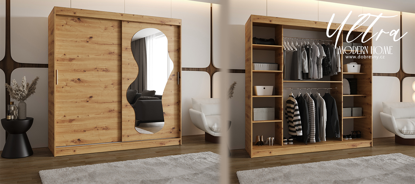 Šatní skřín s posuvnými dveřmi a zrcadlem ULTRA 200cm artisan