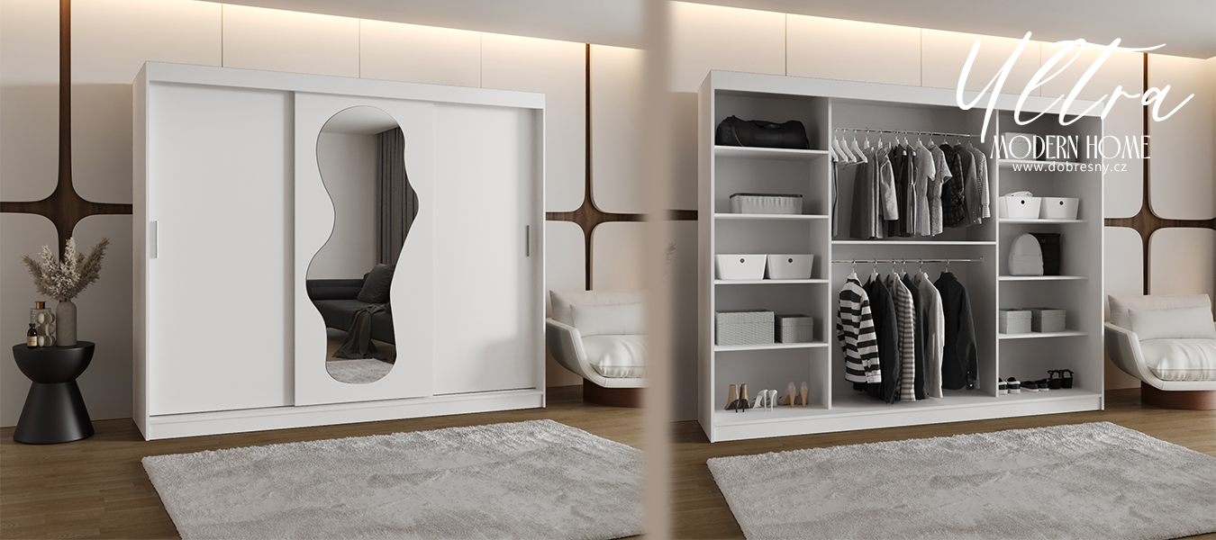 Šatní skřín s posuvnými dveřmi a zrcadlem ULTRA 250cm bílá