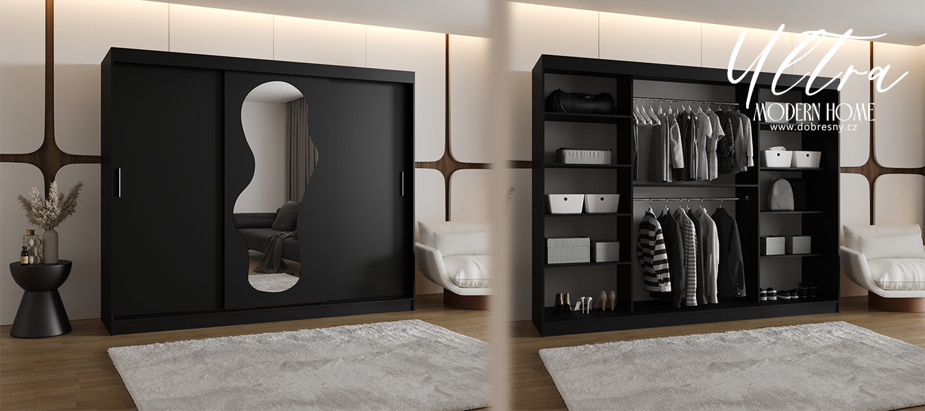 Šatní skřín s posuvnými dveřmi a zrcadlem ULTRA 250cm černá