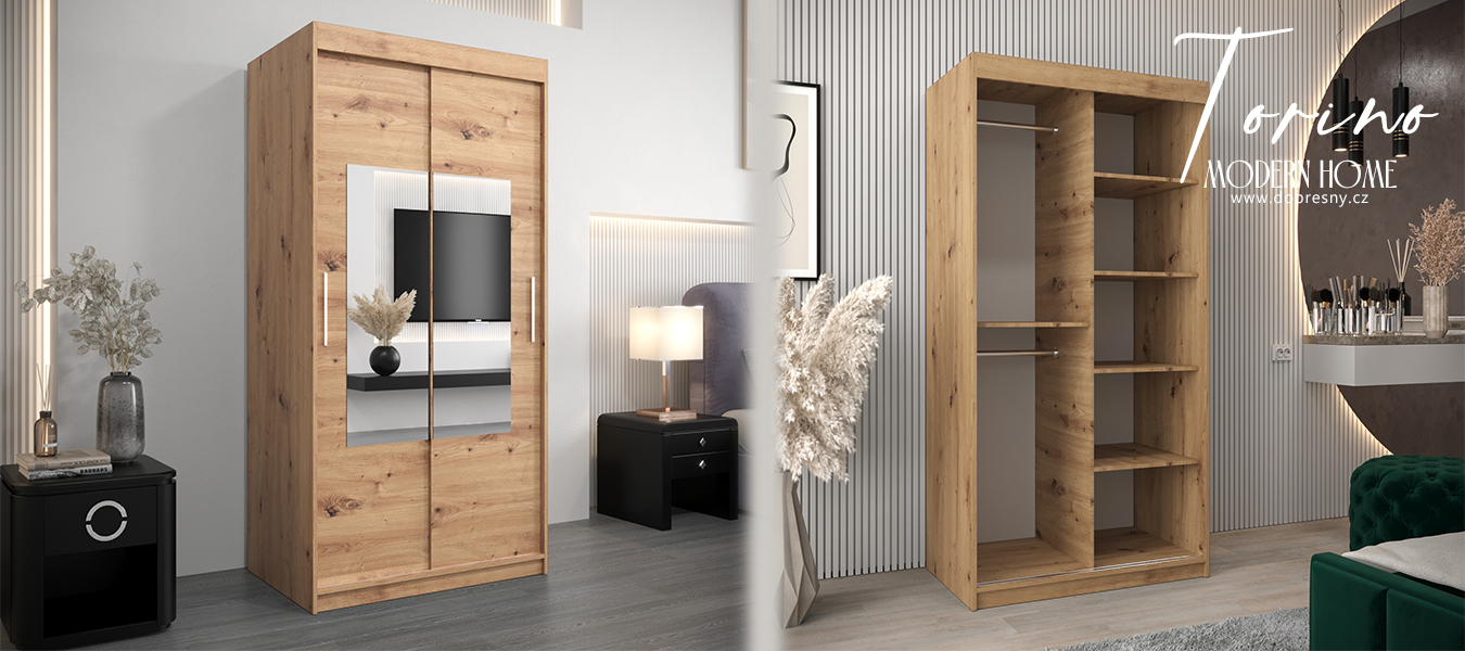 Šatní skřín s posuvnými dveřmi a zrcadlem TORINO 100cm artisan