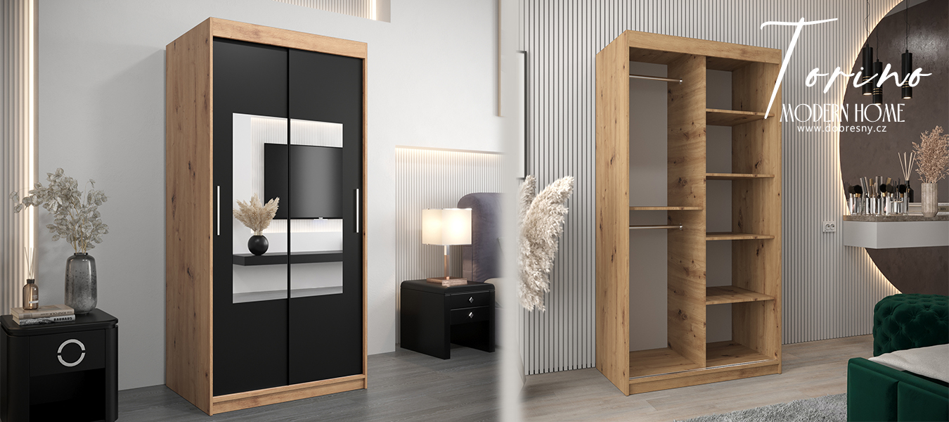 Šatní skřín s posuvnými dveřmi a zrcadlem TORINO 100cm artisan / černá