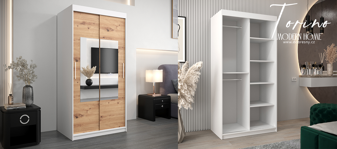 Šatní skřín s posuvnými dveřmi a zrcadlem TORINO 100cm bílá / artisan