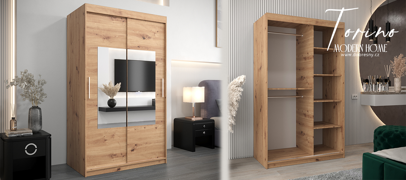 Šatní skřín s posuvnými dveřmi a zrcadlem TORINO 120cm artisan