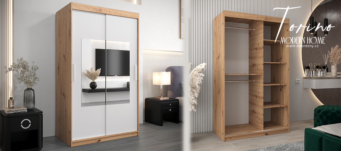 Šatní skřín s posuvnými dveřmi a zrcadlem TORINO 120cm artisan / bílá