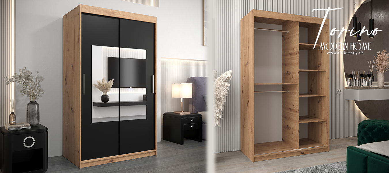 Šatní skřín s posuvnými dveřmi a zrcadlem TORINO 120cm artisan / černá