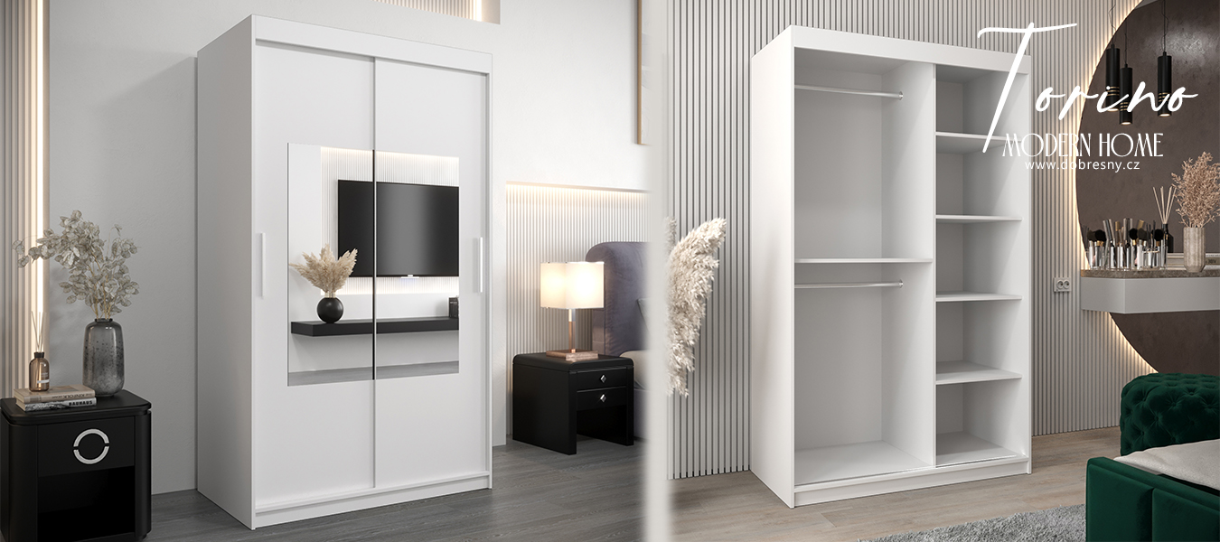 Šatní skřín s posuvnými dveřmi a zrcadlem TORINO 120cm bílá