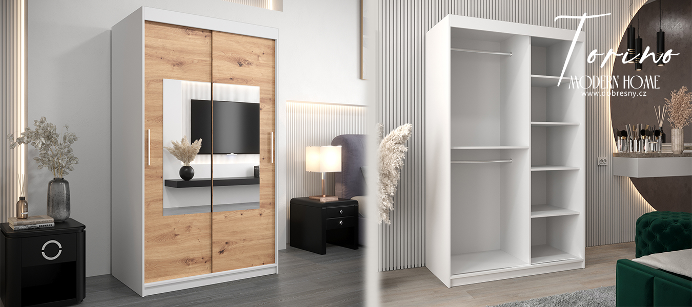 Šatní skřín s posuvnými dveřmi a zrcadlem TORINO 120cm bílá / artisan
