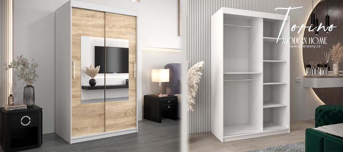Šatní skřín s posuvnými dveřmi a zrcadlem TORINO 120cm bílá / sonoma