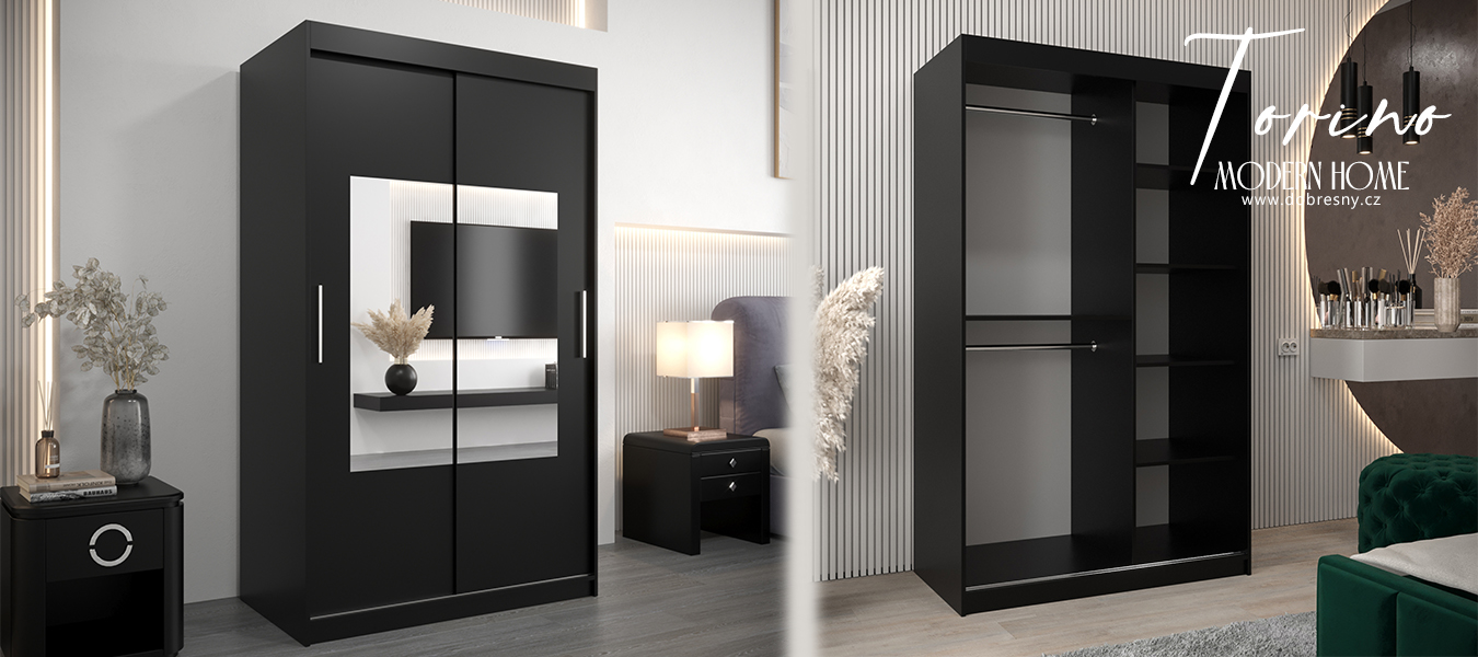Šatní skřín s posuvnými dveřmi a zrcadlem TORINO 120cm černá