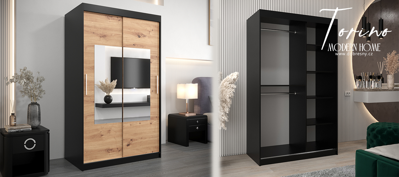 Šatní skřín s posuvnými dveřmi a zrcadlem TORINO 120cm černá / artisan