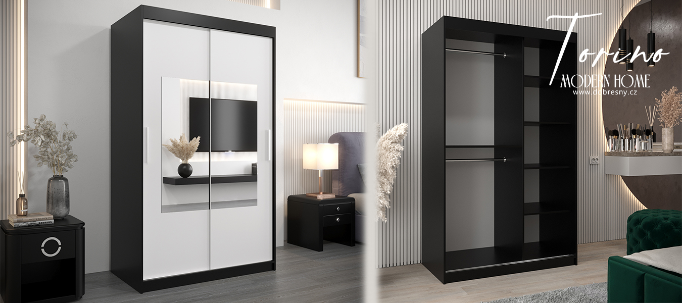 Šatní skřín s posuvnými dveřmi a zrcadlem TORINO 120cm černá / bílá
