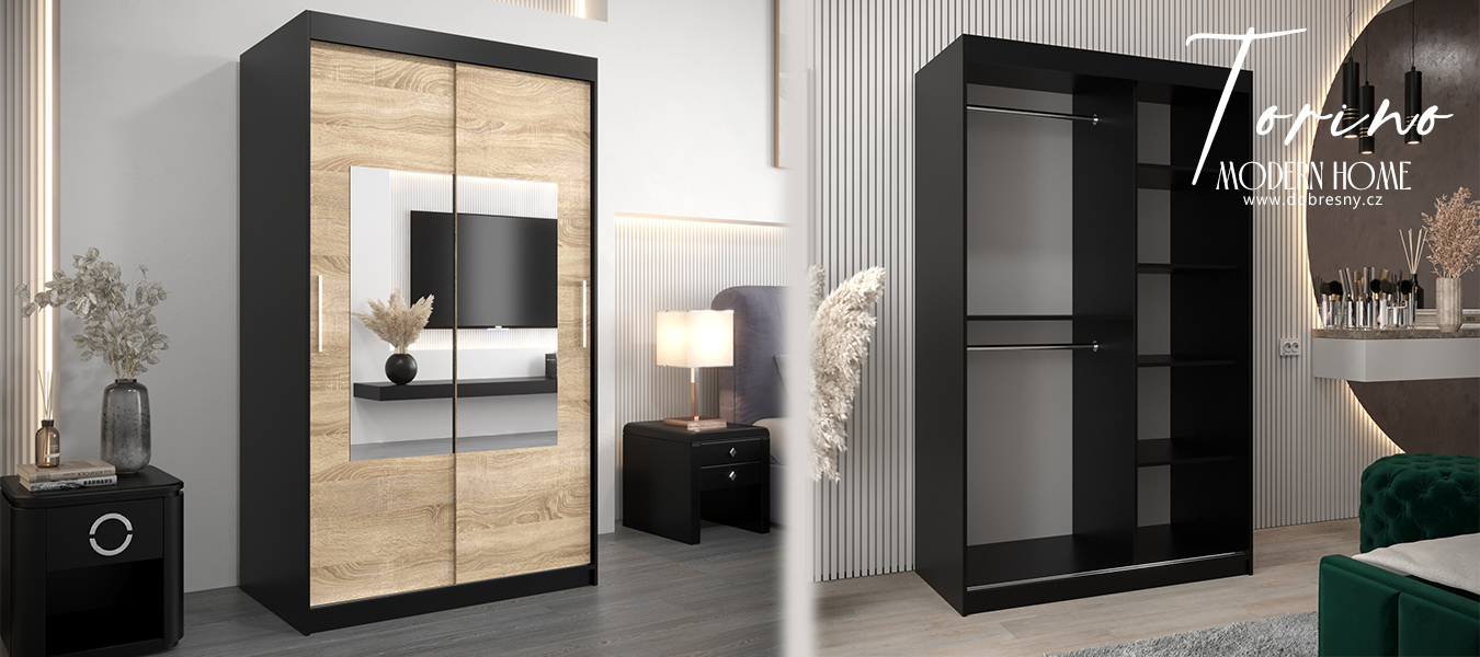 Šatní skřín s posuvnými dveřmi a zrcadlem TORINO 120cm černá / sonoma