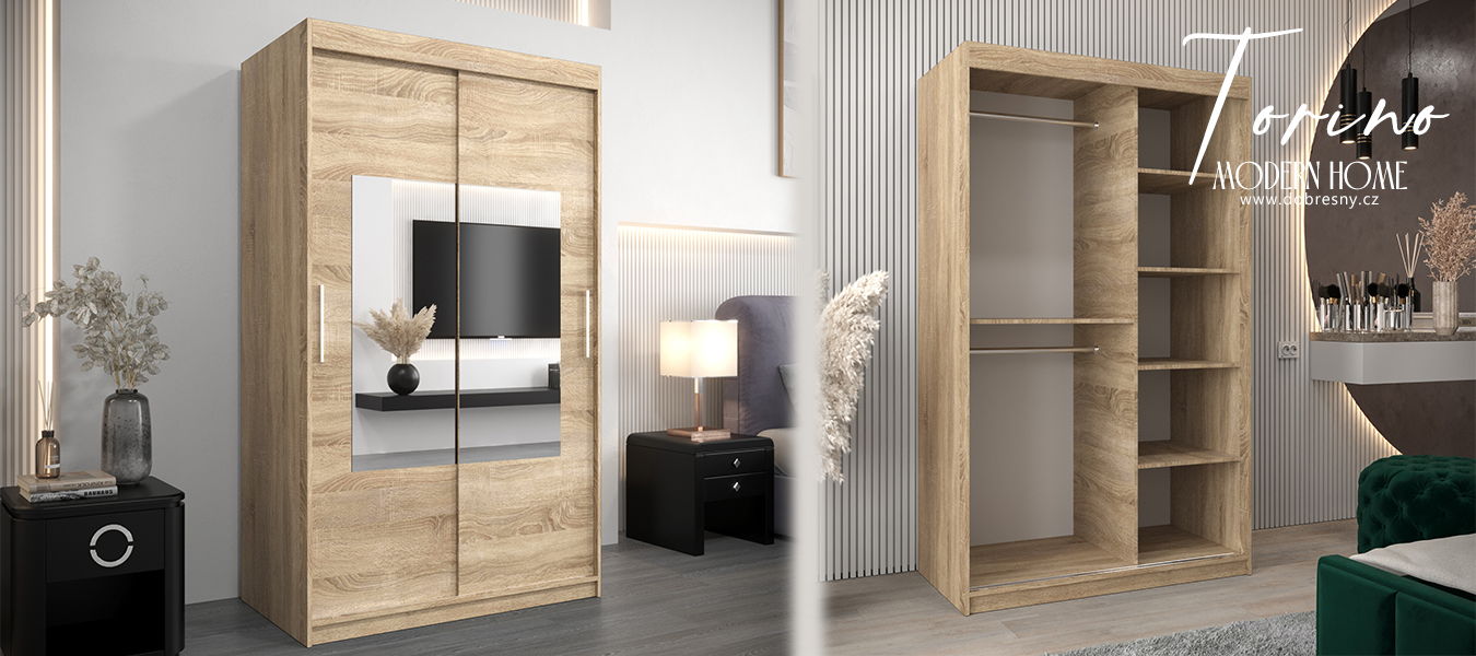 Šatní skřín s posuvnými dveřmi a zrcadlem TORINO 120cm sonoma