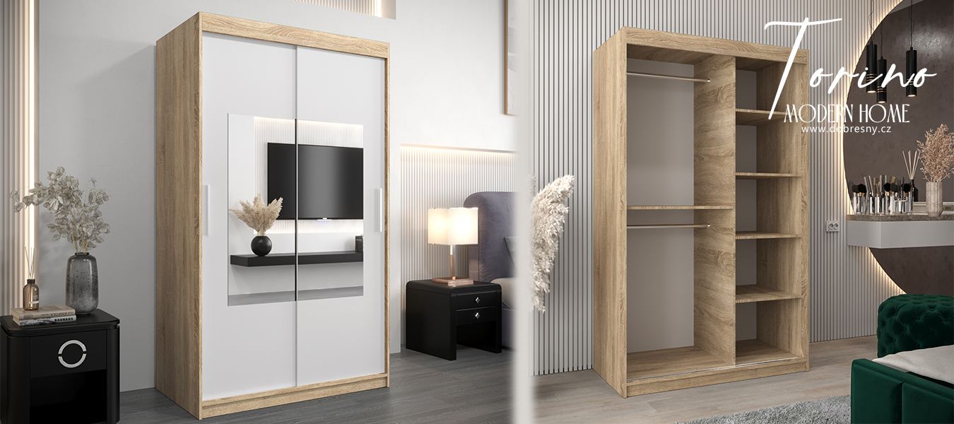 Šatní skřín s posuvnými dveřmi a zrcadlem TORINO 120cm sonoma / bílá