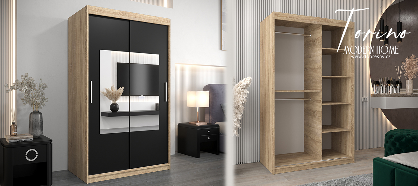 Šatní skřín s posuvnými dveřmi a zrcadlem TORINO 120cm sonoma / černá
