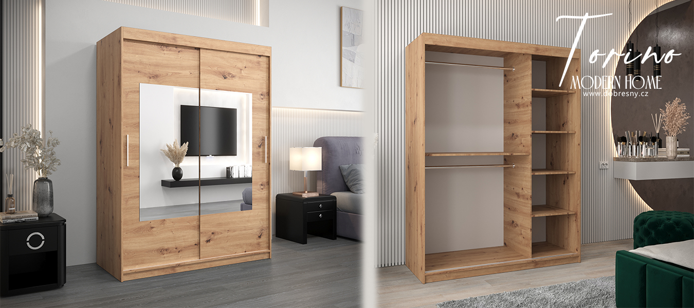 Šatní skřín s posuvnými dveřmi a zrcadlem TORINO 150cm artisan