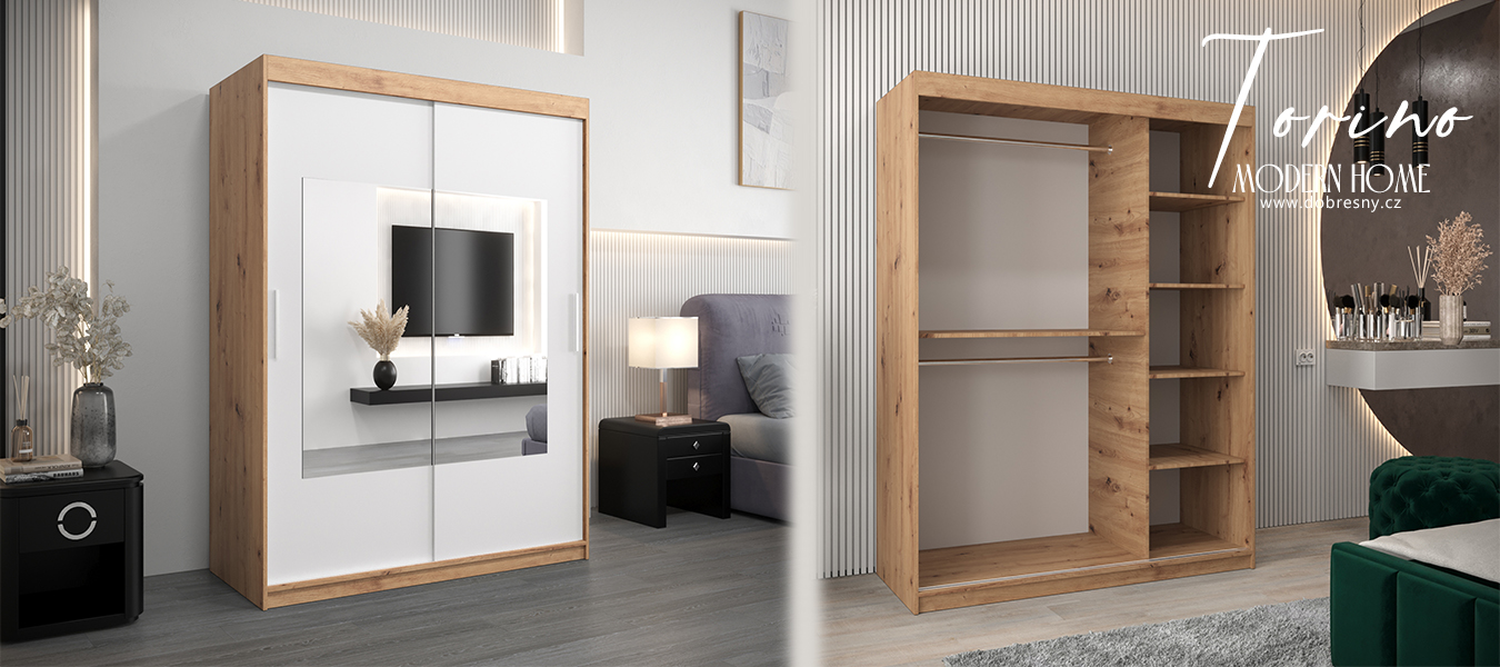 Šatní skřín s posuvnými dveřmi a zrcadlem TORINO 150cm artisan / bílá
