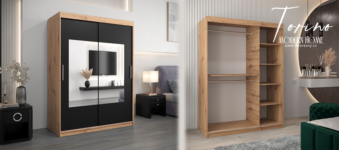 Šatní skřín s posuvnými dveřmi a zrcadlem TORINO 150cm artisan / černá