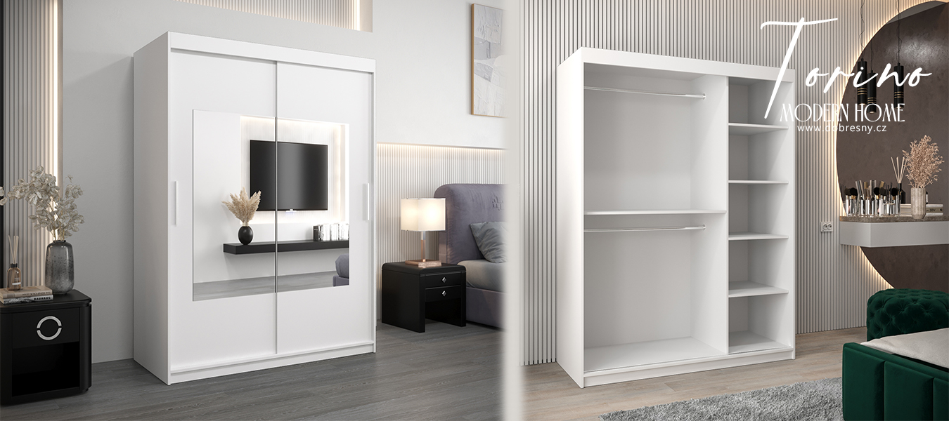 Šatní skřín s posuvnými dveřmi a zrcadlem TORINO 150cm bílá
