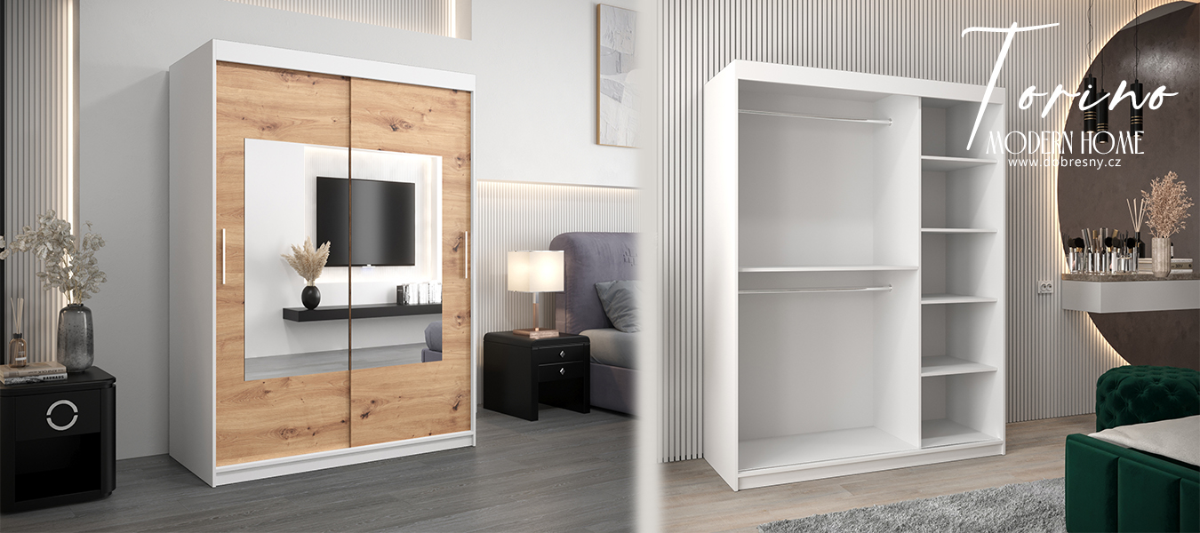 Šatní skřín s posuvnými dveřmi a zrcadlem TORINO 150cm bílá / artisan