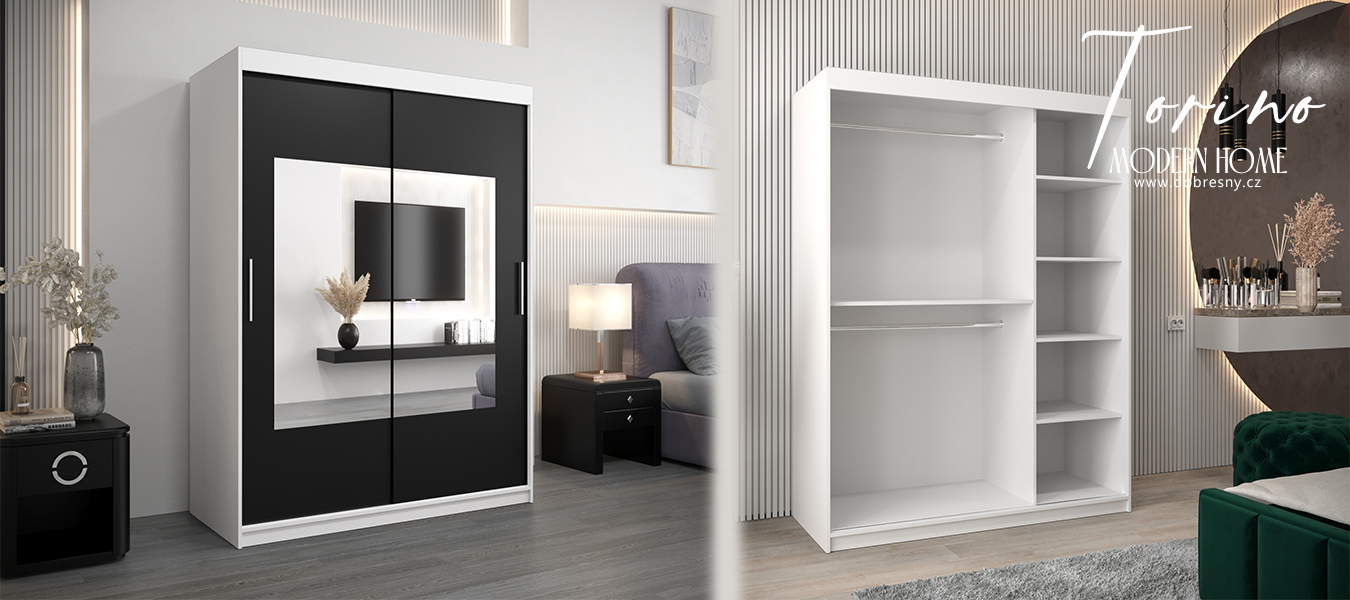 Šatní skřín s posuvnými dveřmi a zrcadlem TORINO 150cm bílá / černá